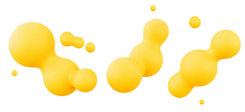 Abstract yellow metaballs set isolated on white background. Vector realistic illustration of round 3D liquid blobs, color fluid bubbles, organic substance molecule, cell cluster, geometric element