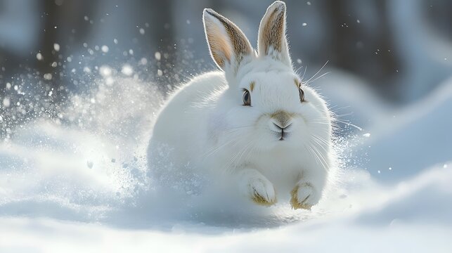 A white rabbit is running through the snow