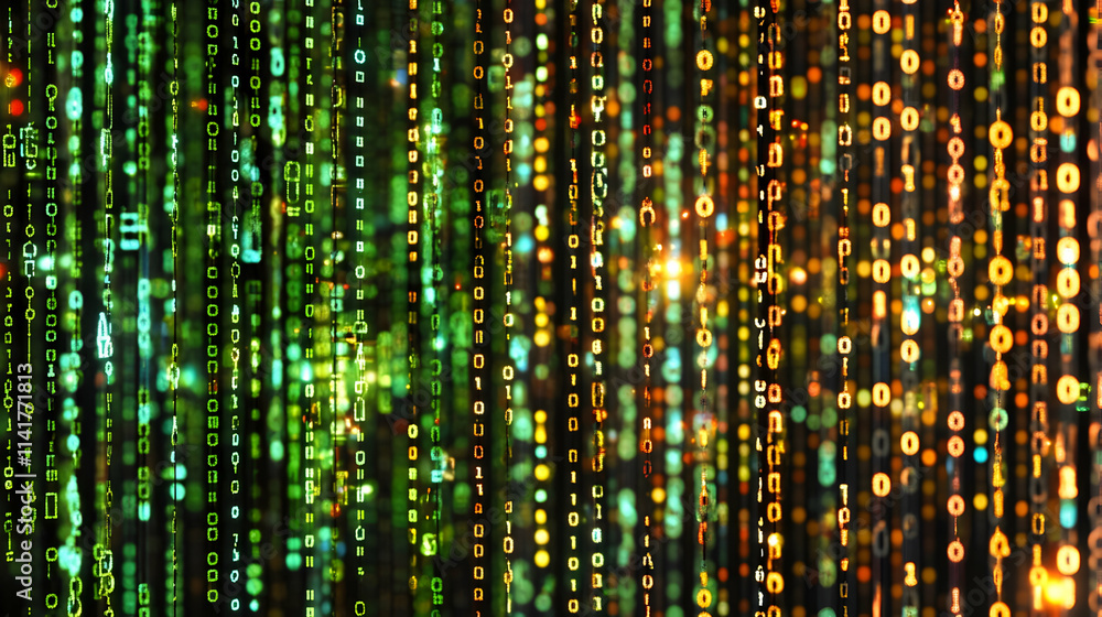 Poster abstract digital rain of binary code, green and gold.