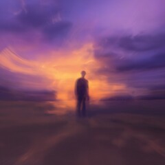 Solitude at Sunset: A lone figure stands silhouetted against a breathtaking sunset, the sky ablaze with vibrant hues of purple and orange. The image evokes a sense of peace, introspection.