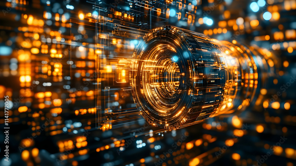 Poster abstract digital technology background with glowing circuits and a central cylindrical element.