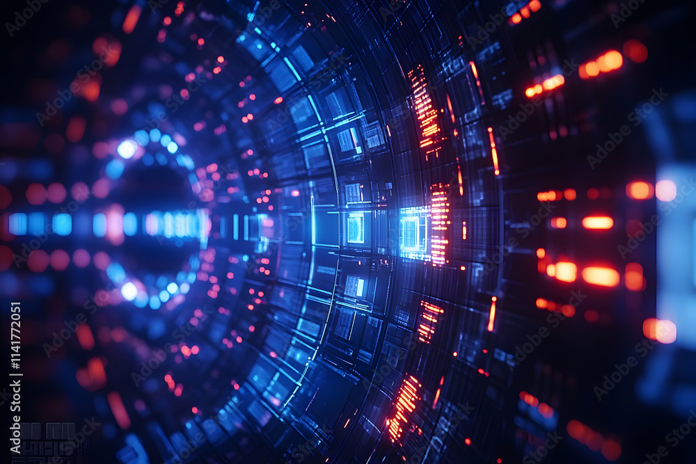 Poster abstract digital tunnel with glowing lights and circuit board patterns.