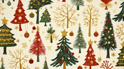 Festive Christmas trees and ornaments pattern.