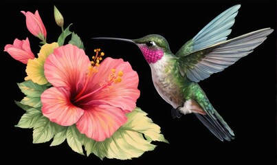 Hummingbird in MidFlight Near Pink Hibiscus