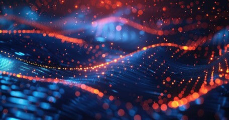 Obraz premium Abstract digital waves with glowing particles in blue and orange hues.