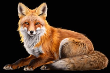 Fototapeta premium Red fox in repose on black background, gazing directly at viewer with yellow eyes and calm expression.