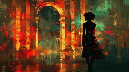A silhouette of a woman stands against a vibrant, abstract backdrop of colors and light.