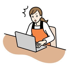 パソコン操作中に驚く主婦のイラスト。