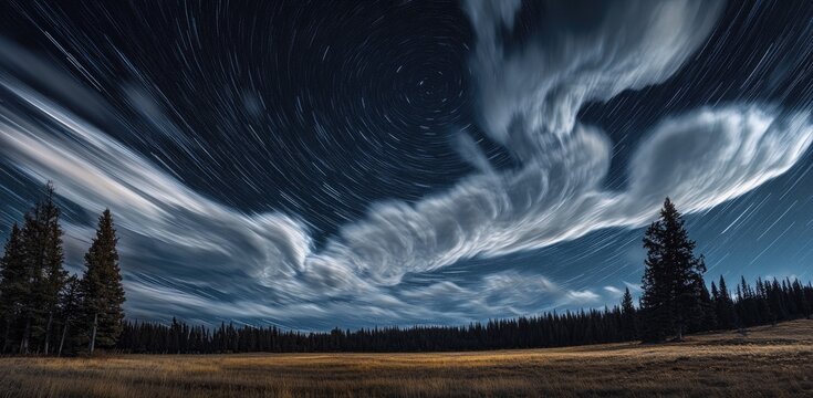A time-lapse photograph of the night sky, capturing stars streaking across the horizon and clouds moving in slow motion above them
