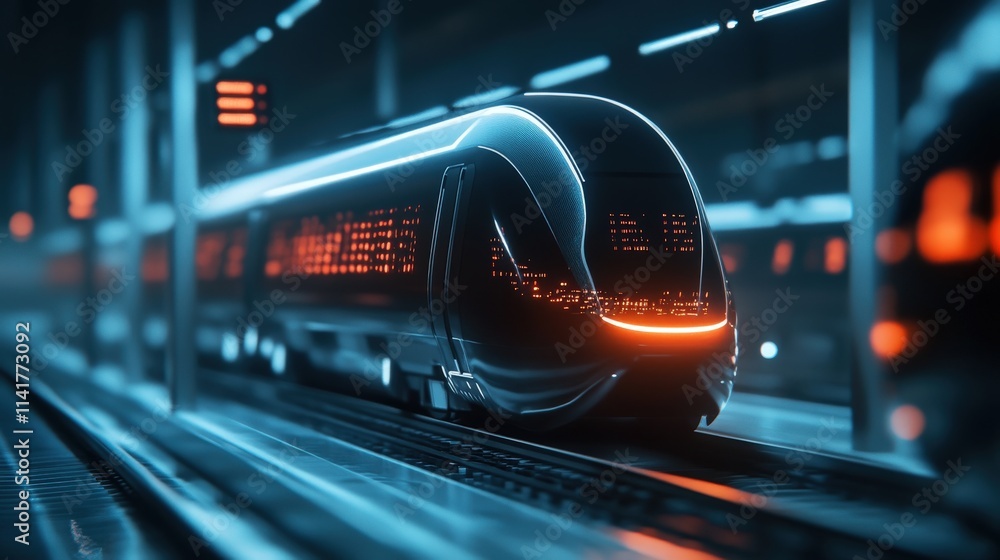 Poster Futuristic Train Design Gliding Through an Urban Station with Neon Accents and Digital Screens Displaying Timetables in a High-Tech Environment