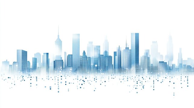 Modern digital city skyline composed of light blue dots on white background, flat design minimalistic vector illustration, simple shapes high resolution no shadows gradients or noise.