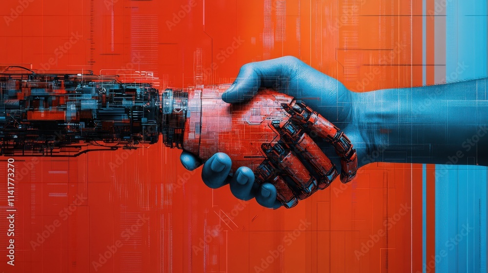 Aufkleber Futuristic Handshake Between Human and Robotic Hand Symbolizing Collaboration and Technology Integration in a Digital World