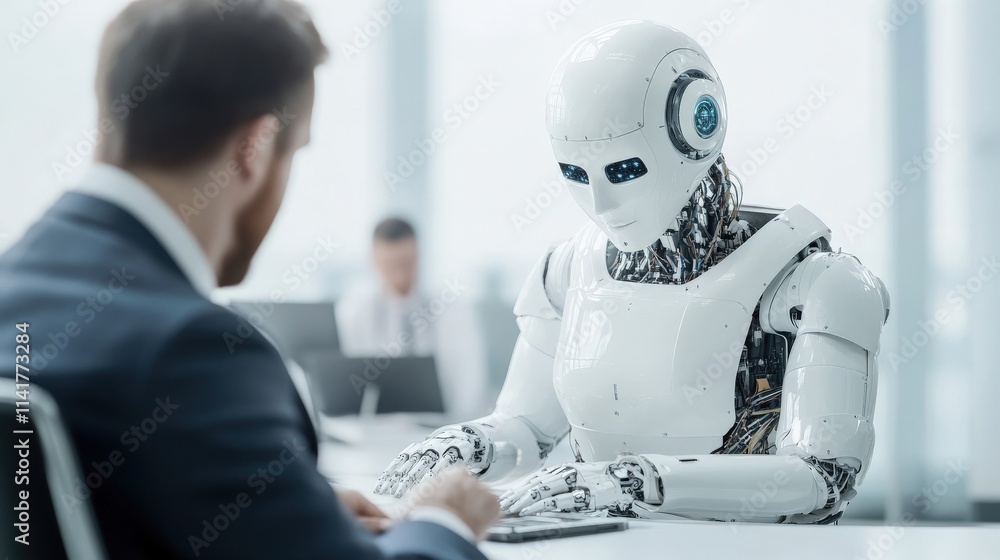 Aufkleber Robot and Human Interaction in Modern Office Setting Showcasing Advanced Artificial Intelligence Technology and Future of Work