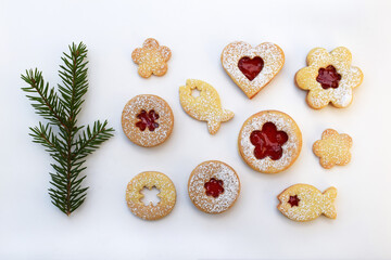 Linzer cookies on a white background. Christmas baking