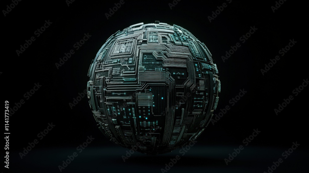 Poster abstract futuristic digital sphere with intricate circuit patterns glowing in neon blue and green ag