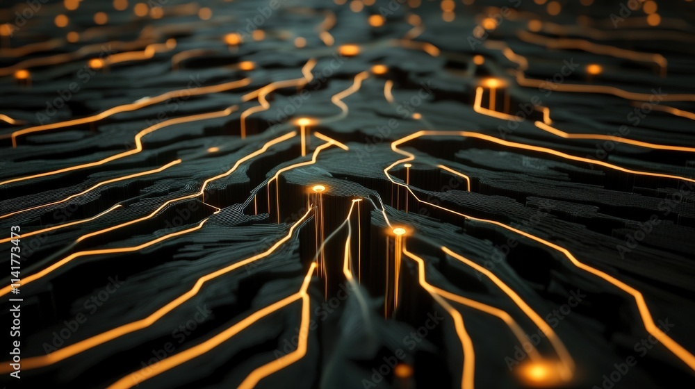 Aufkleber Abstract digital landscape with glowing lines and illuminated points representing connections and data flow in a technological environment