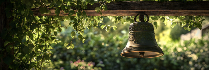 Ancient Bronze Bell Amidst Verdant Garden Vines Under a Gentle Sunlit Canopy