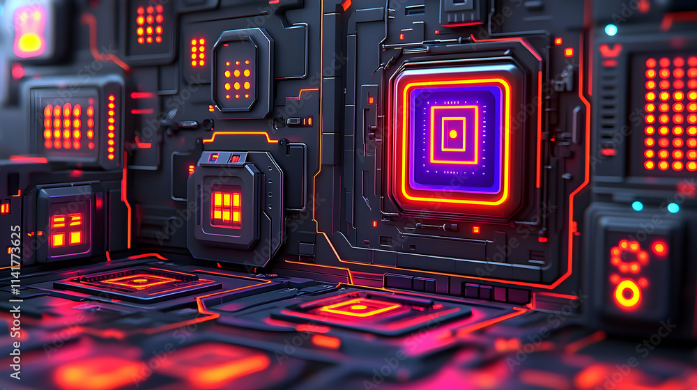 Poster abstract futuristic technology background with glowing circuit board and processors.