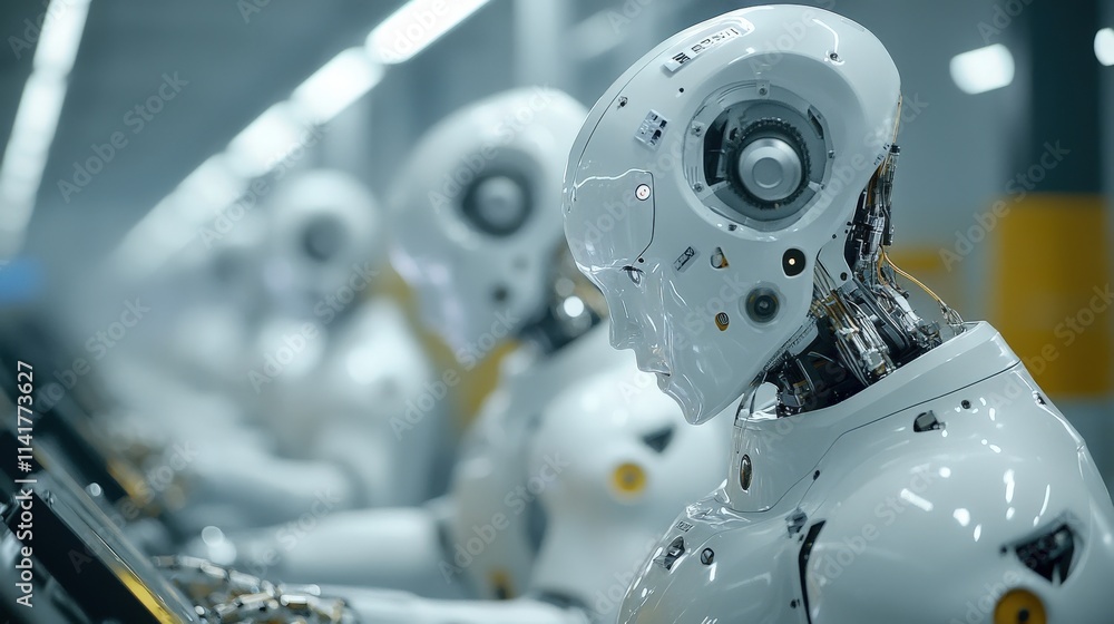 Poster Futuristic Robot Assembly Line with Advanced Machinery and Automation in a Modern Industrial Setting Featuring Sleek and Innovative Android Designs