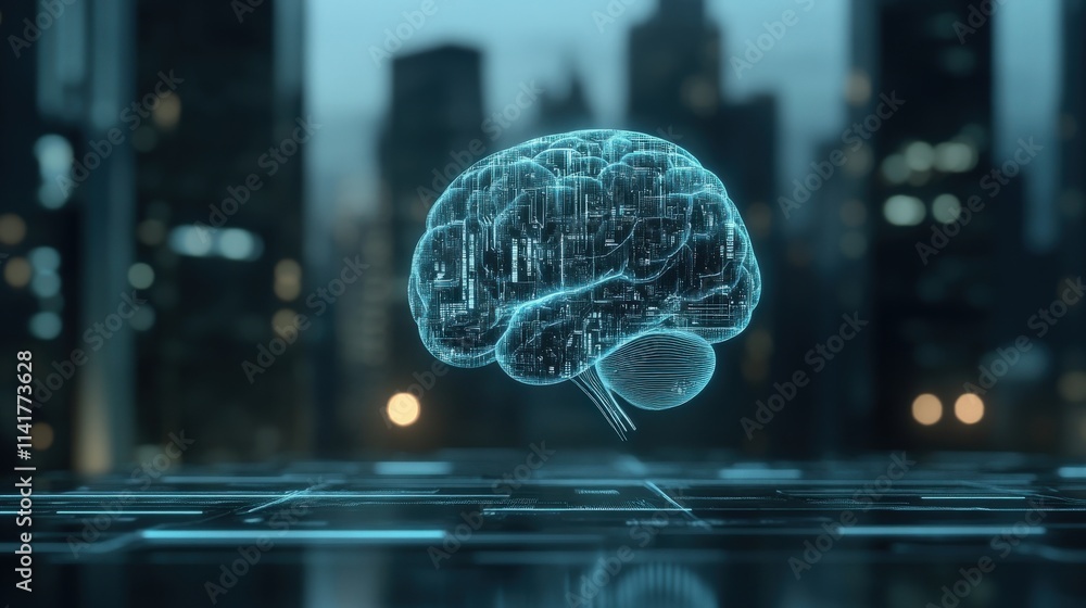 Poster Futuristic Visualization of a Digital Brain Floating Above a High-Tech Urban Landscape, Emphasizing Artificial Intelligence and Neural Network Concepts for Innovative Technology Designs
