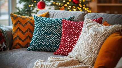 Cozy Living Room with Colorful Cushions and Holiday Decorations Featuring a Christmas Tree and Warm Textiles for Winter Celebrations