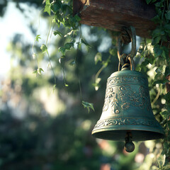 Ancient Bronze Bell Amidst Verdant Garden Vines Under a Gentle Sunlit Canopy