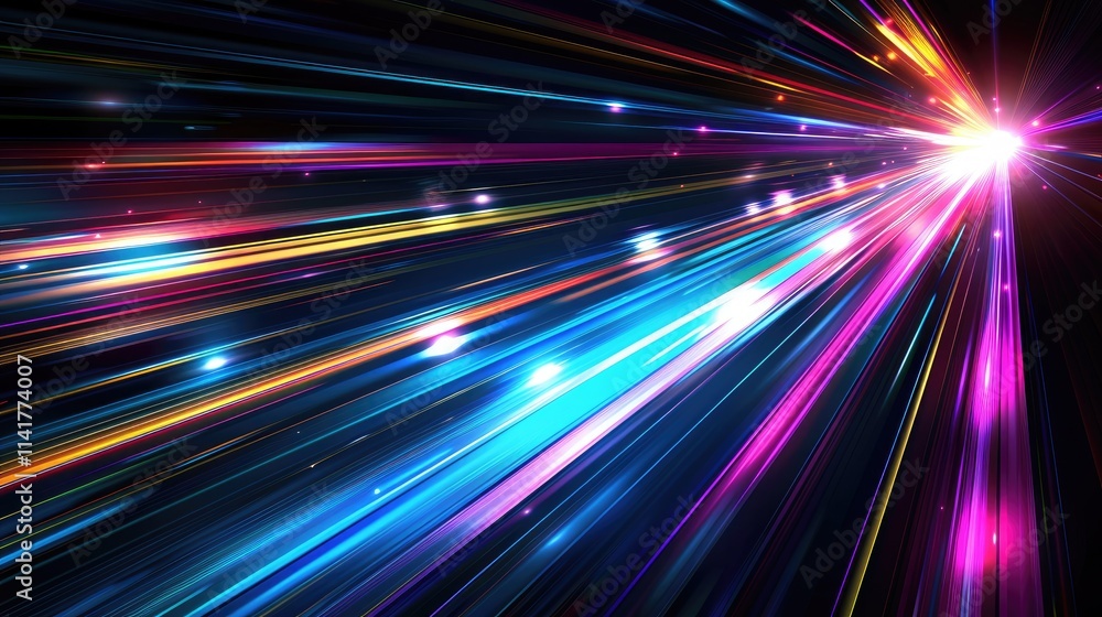Poster a vibrant display of colorful light rays radiating from a central point, creating dynamic motion.