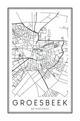 Printable downtown road map poster of the Dutch city of GROESBEEK on solid white background with city name