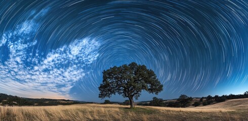A time-lapse photograph of the night sky, capturing stars streaking across the horizon and clouds moving in slow motion above them