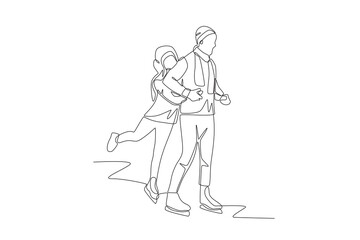 Couple playing ice skating on vacation. Romantic trips concept one-line drawing