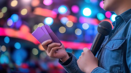 Close-up of a quizmaster holding a microphone and trivia question cards, with soft stage lighting. Trivia Day,Quiz contests, entertainment activities, team building, knowledge contests