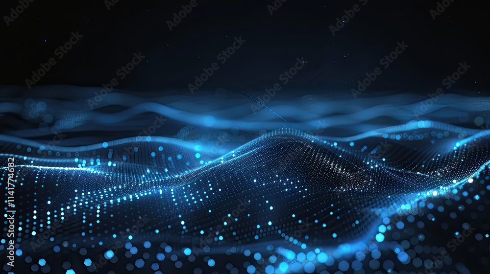 Poster abstract digital waves with glowing blue particles creating a futuristic atmosphere.