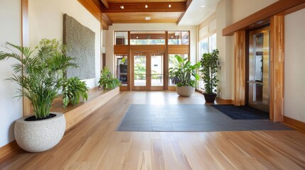 Fototapeta premium Chic sustainable boutique hotel lobby green eco-friendly design modern aesthetic relaxing environment inviting viewpoint
