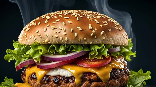 Delicious burger on dark background. Fast food restaurant advertising