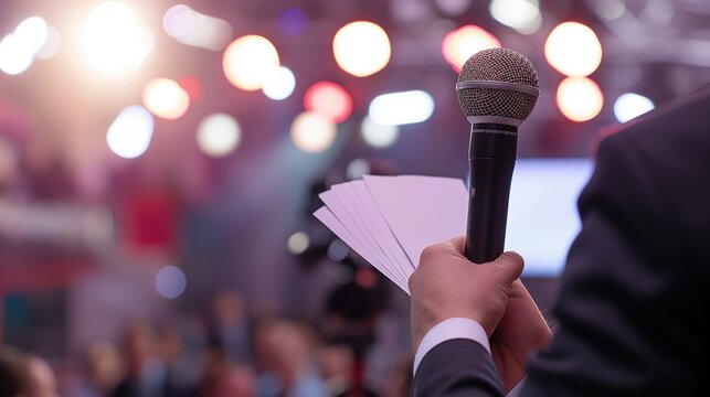 Close-up of a quizmaster holding a microphone and trivia question cards, with soft stage lighting. Trivia Day,Quiz contests, entertainment activities, team building, knowledge contests