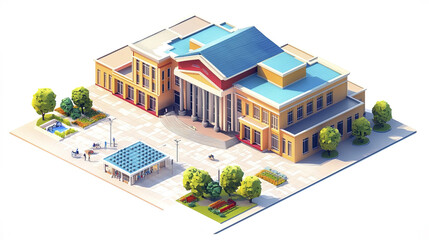 Dynamic and spacious university plaza building with vibrant landscaping