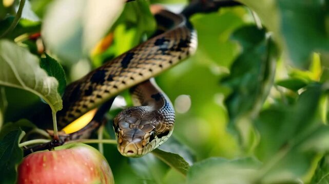 snake on apple tree in summer garden
