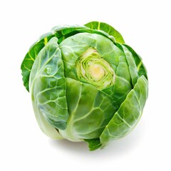 Fototapeta premium A fresh, green cabbage with tightly curled leaves against a white background.