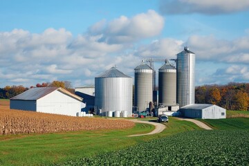 Farm silos and barns on a sunny autumn day.