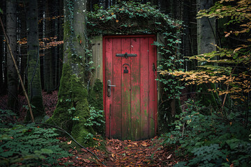Fantastically door in wild forest leading to deep unknown