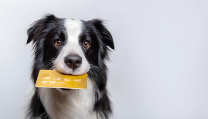 Black and white colour border collie dog holding gold bank credit card in mouth isolated on white background, Shopping investment banking finance concept