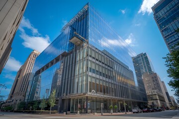 Obraz premium exterior of a magnificent office building in the city, low angle view of tall buildings.