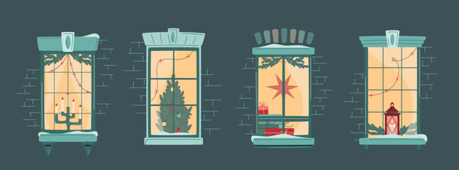 Set of Christmas window decorated with lights, fir branches, pile of gift boxes and decorated christmas tree. Cozy winter evening. Snowfall, warm Christmas or New Year atmosphere. Vector illustration
