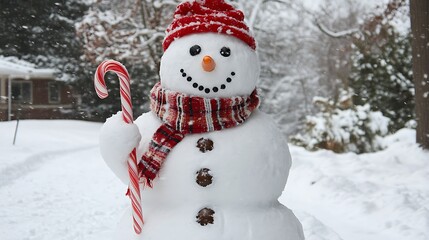 Obraz premium Snowman with Red Hat and Scarf Holding a Candy Cane in Snow