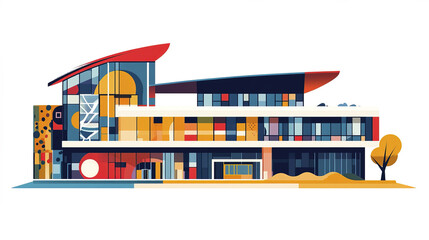 Colorful university cultural center with artistic architecture and diverse design