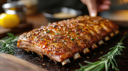 A home cook seasoning a rack of ribs with dry rub spices in a cozy kitchen