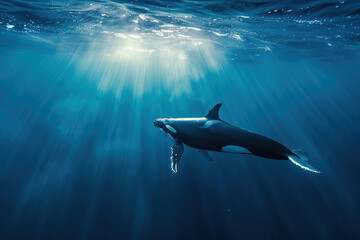 Obraz premium Fantastically beautiful majestic huge whale in deep ocean