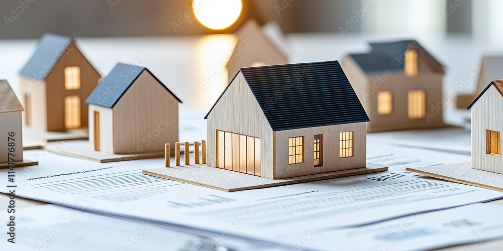 Poster miniature houses on blueprints, symbolizing architecture and design concepts.