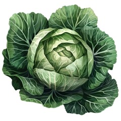 Fototapeta premium Close-up of a freshly harvested green cabbage with layered leaves, showcasing intricate textures and vibrant shades of green.