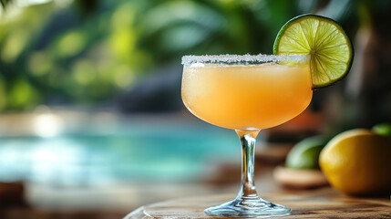 A margarita with a salted rim, lime wedge, and an umbrella served on a sunny terrace
